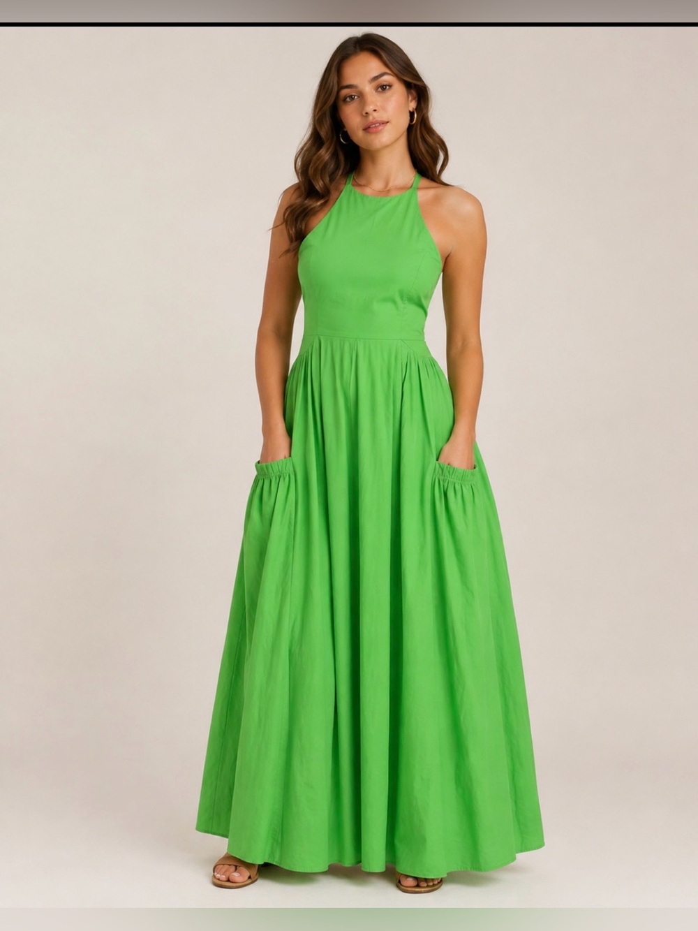 S/W/F Green High Neck Halter Maxi Dress Small Cotton Smocked Back Oversized Pock